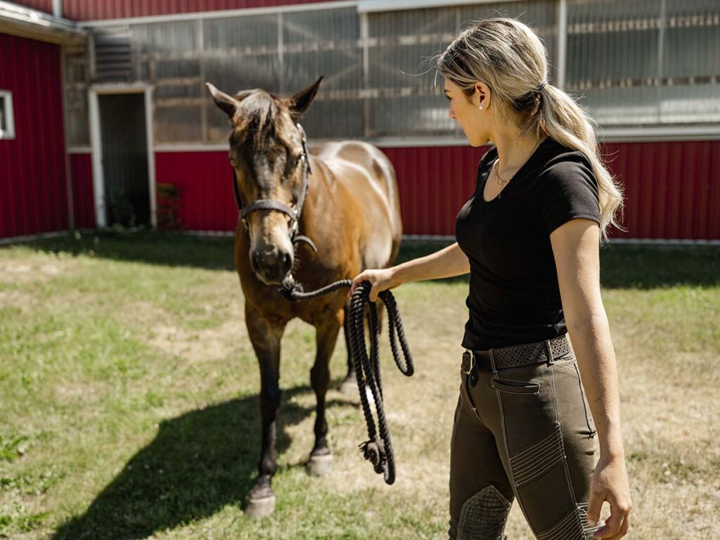 a woman holds a lead rope attached to a horse