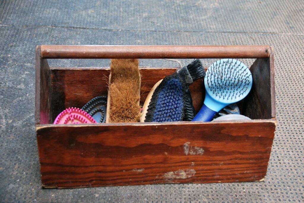 a horse grooming kit with brushes