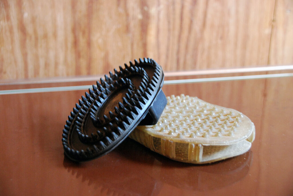 two currycombs sitting on a tack trunk for a horse