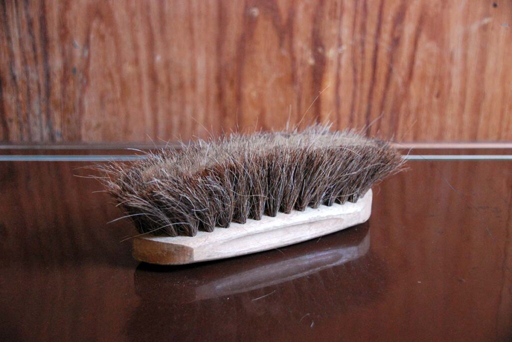 A soft brush for a horse sitting on a tack trunk