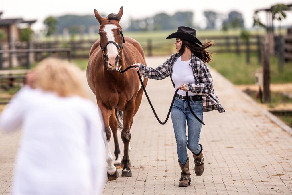 a woman jogs her bay horse down a lane as a veterinarian assesses its soundness