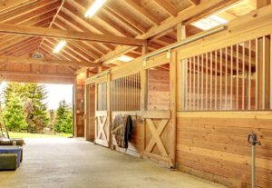 The inside of a well-ventilated, clean, and well-lit horse barn