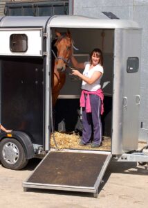 A woman pets a bay horse on a horse trailer