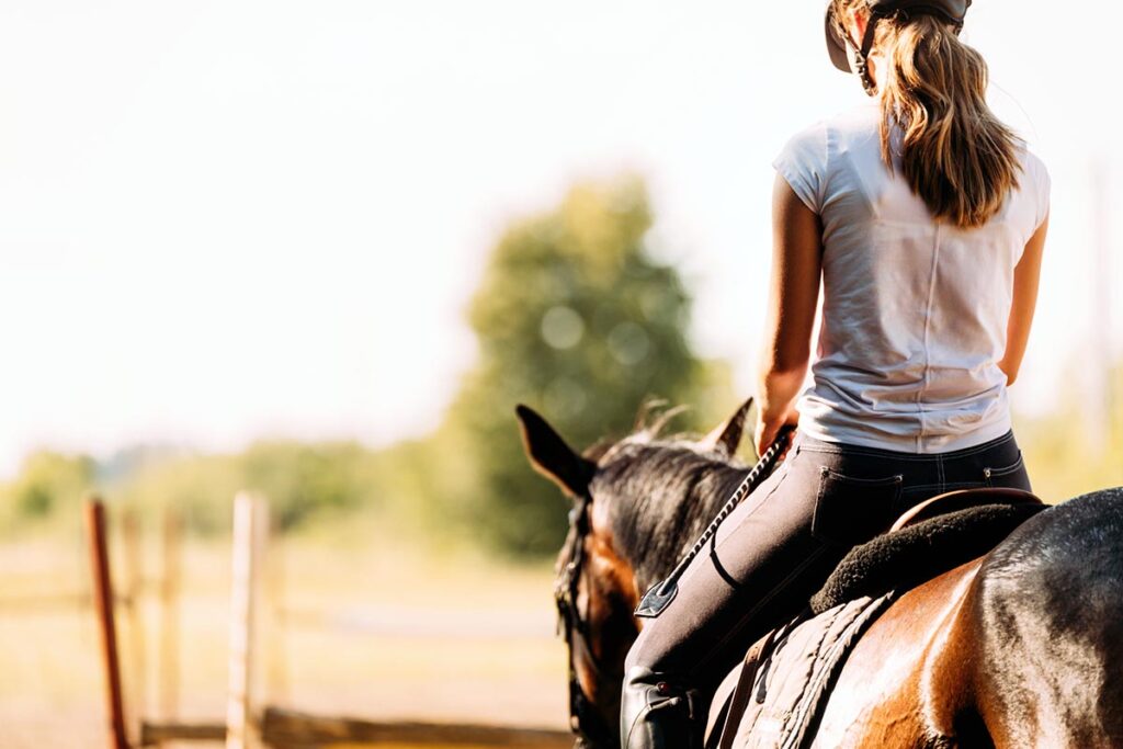 A photo from behind of a woman riding a bay horse in english tack at the walk wondering if it's too hot to ride a horse.