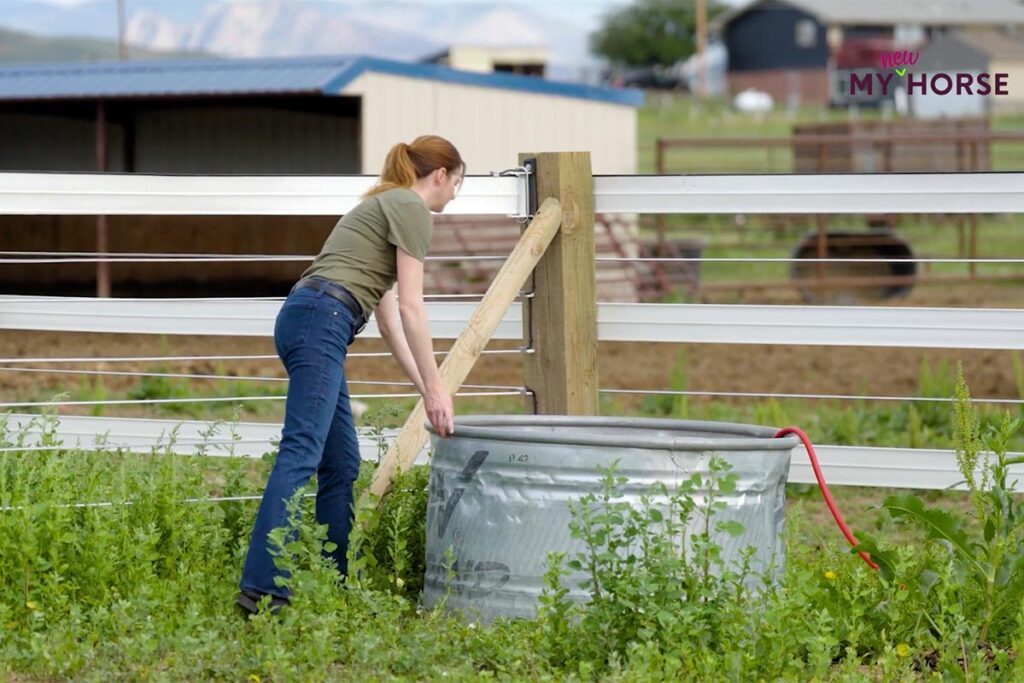 A woman checks a metal horse water trough while maintaining horse water troughs in a paddock